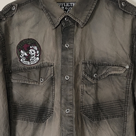 Affliction Black Ghost Green Live Fast Skull Wings Button Up/down Men Shirt - Picture 4 of 8
